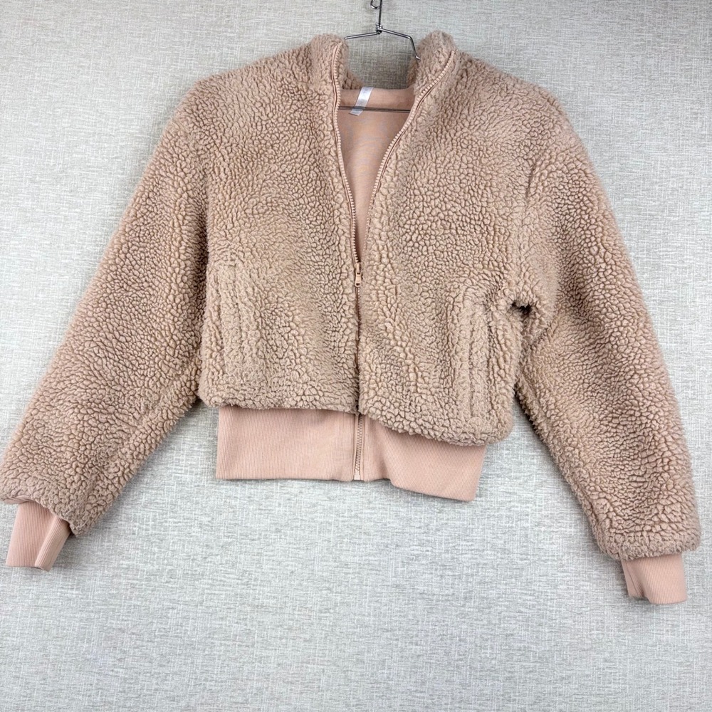 Fabletics XS Cropped Sherpa Hoodie Jacket Pink Tan Full Zip